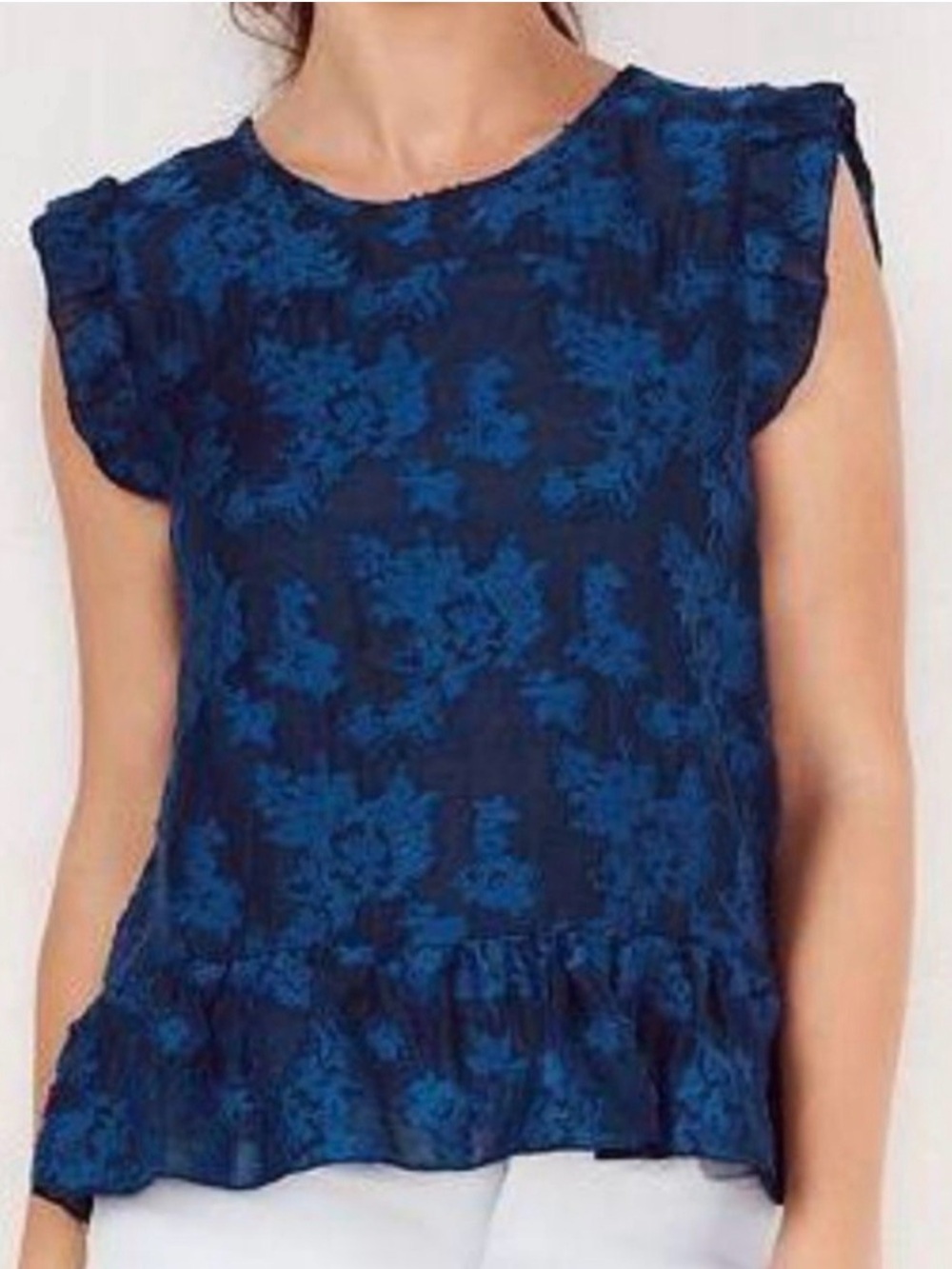 LC Lauren Conrad Teal Floral Jacquard Peplum Top Size XS